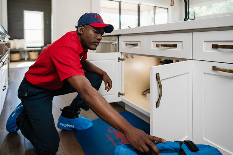 Mr. Rooter emergency plumber setting up to perform drain cleaning under a kitchen sink