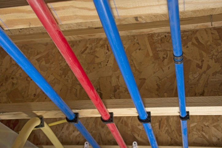 A group of four PEX pipes, three blue and one red, fixed to wood framing. | Mr. Rooter&reg; Plumbing of Southeast Georgia