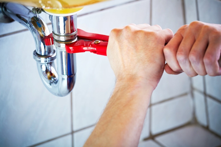 A person is using a red pipe wrench to work on a shiny chrome P-trap pipe under a sink, with white tiled walls in the background.