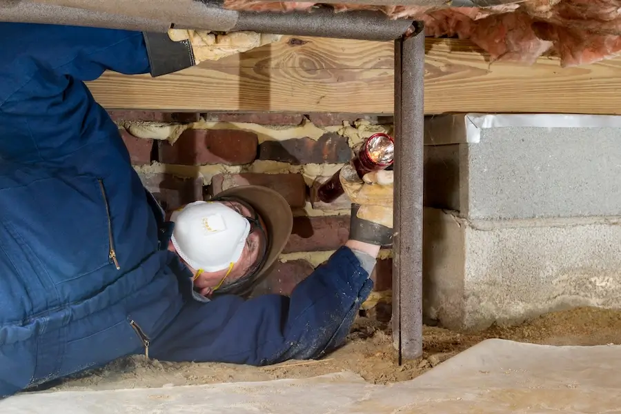 Plumber inspecting pipe insulation of water line in a residential crawl space.