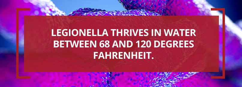 Legionella thrives in water between 68 and 120 degrees Fahrenheit Legionella thrives in water between 68 and 120 degrees Fahrenheit