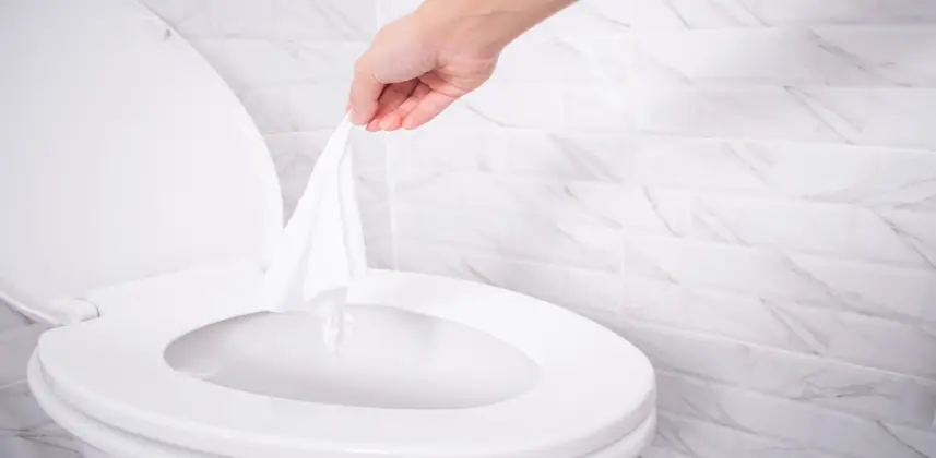 Putting wipes in a white toilet bowl.