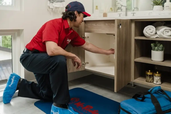 A Mr. Rooter Plumbing&reg; service professional inspecting under a sink to install a water hammer arrestor. 