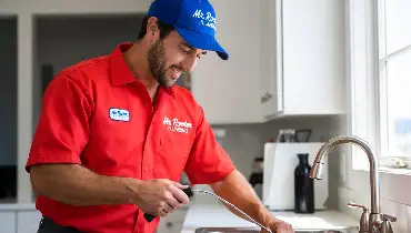 Mr. Rooter professional cleaning a kitchen sink drain.